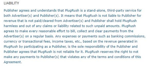 Информация об ответственности PlugRush