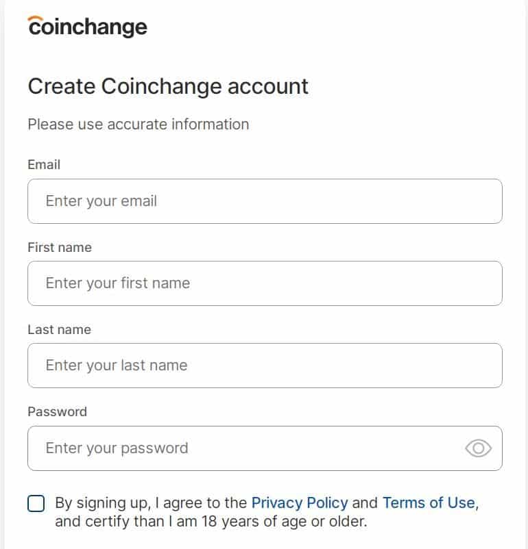 CoinChange форма регистрации