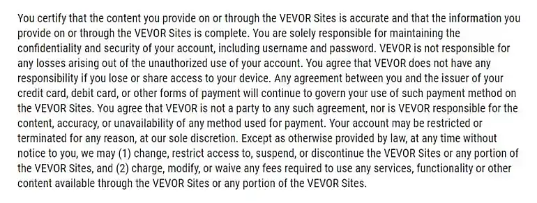 Umowa użytkownika Vevor 